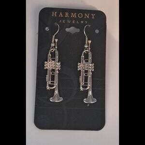 Trumpet Earrings Silver Tone Musical Band Orchestra Harmony Jewelry New On Card